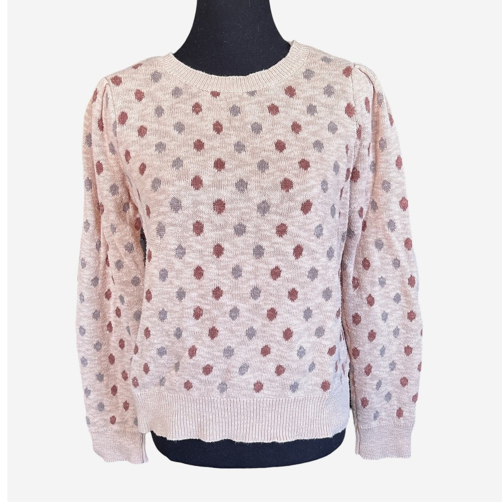 Bohme Tan Crewneck Polka Dot Sweater, Large, Cottagecore, Bohochic, Casual